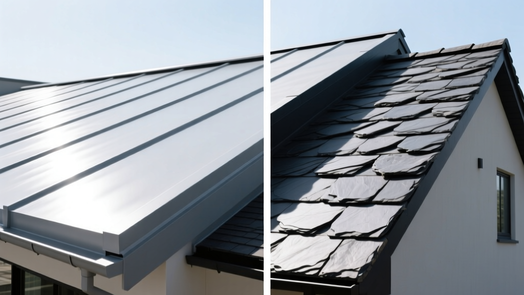 Architectural split-view comparing a flat commercial TPO membrane roof on the left and a steep residential natural slate stone roof on the right