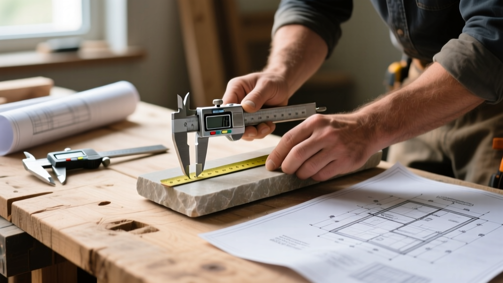 Mason measuring manufactured stone veneer thickness with digital calipers next to architectural blueprints on a wooden workbench.