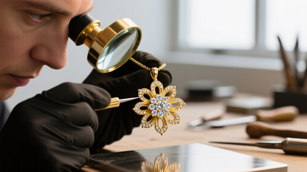 Jeweler inspecting prong settings on a gold daisy pendant with a loupe, revealing tiny melee diamonds and precise metalwork details