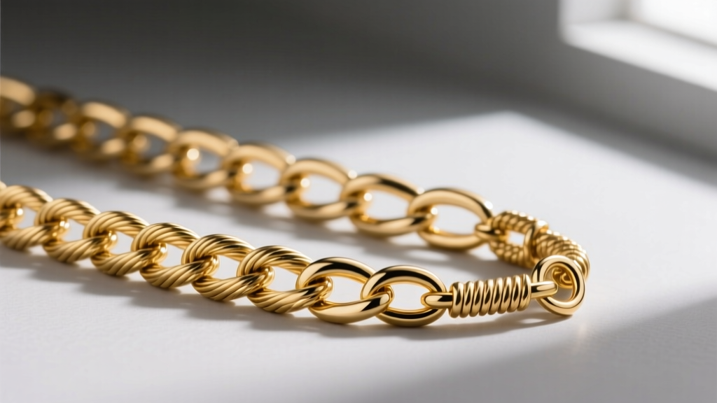 Macro view of 14k gold cable chain beside an 18k gold rope chain, showing link thickness and a small spring ring clasp mechanism.