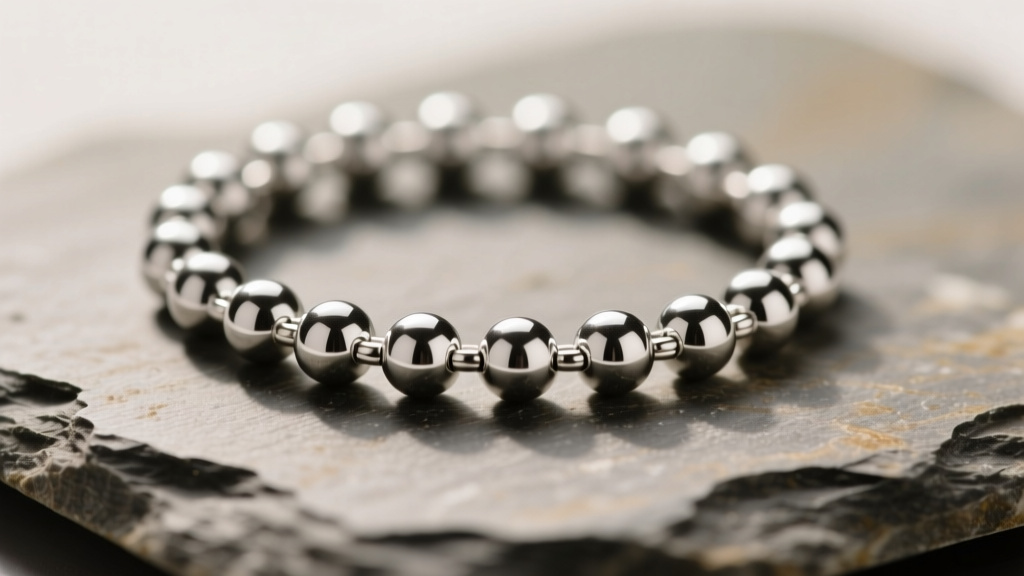 Macro view of a 2.4mm sterling silver necklace ball chain on slate, showing reflective beads and small metal crimp connectors