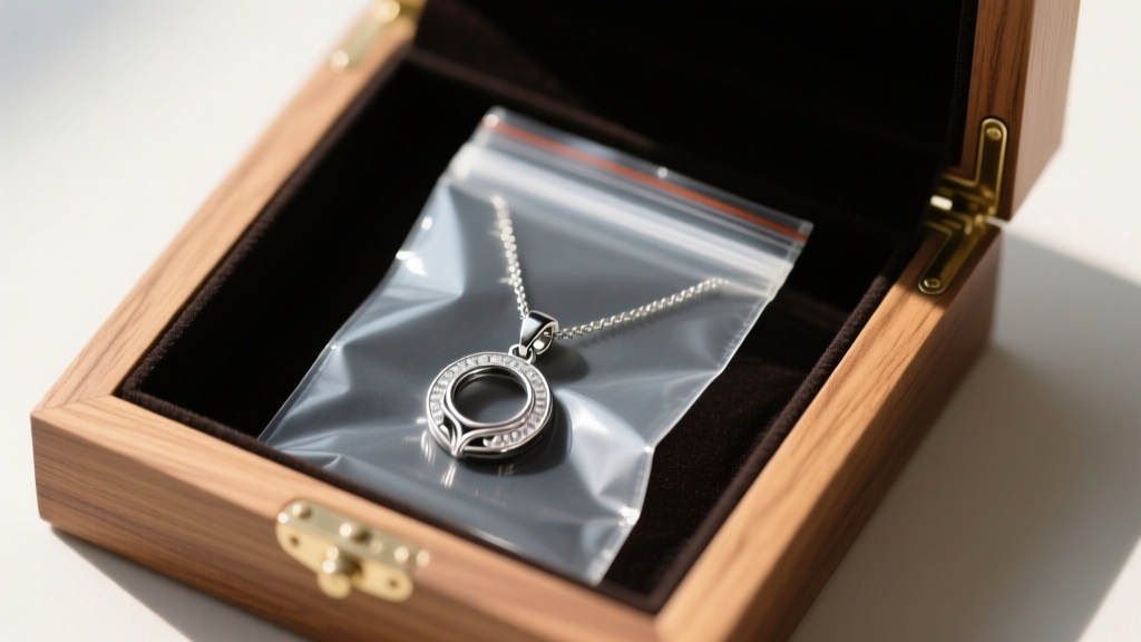 Sterling silver pendant necklace stored in a clear ziplock bag with a dark anti-tarnish strip inside a lined wooden jewelry box.