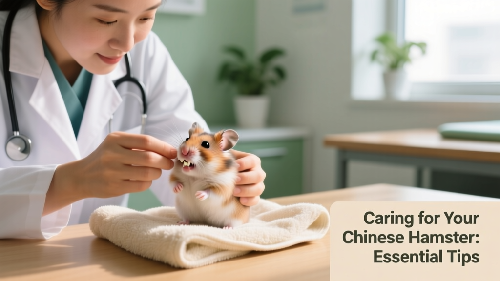 Veterinarian gently examining a Chinese hamster on a soft towel, checking teeth and ears with proper lighting