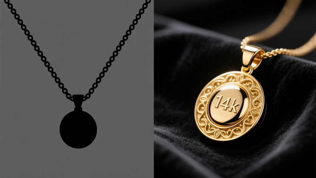 Split screen showing flat black vector necklace clipart on left and a polished 3D 14k gold custom pendant on right on dark velvet