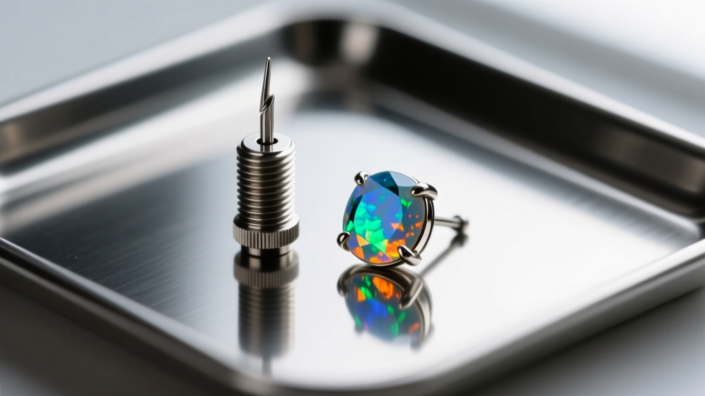 Macro view of an internally threaded titanium earring post and a polished opal gemstone resting on a sterile metal piercing tray.