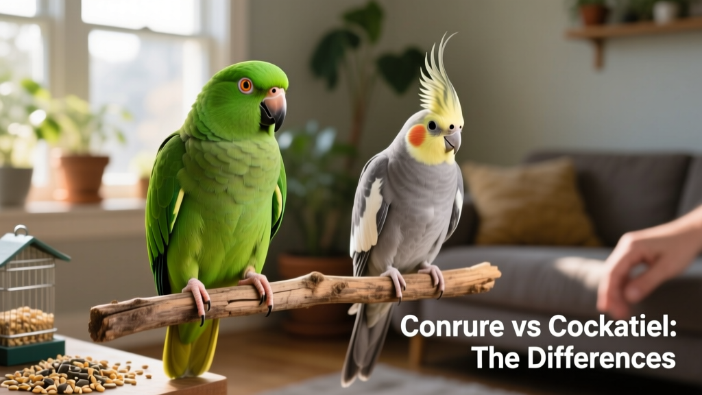 Side-by-side comparison showing a vibrant green conure perched confidently beside a gentle gray cockatiel with crest raised