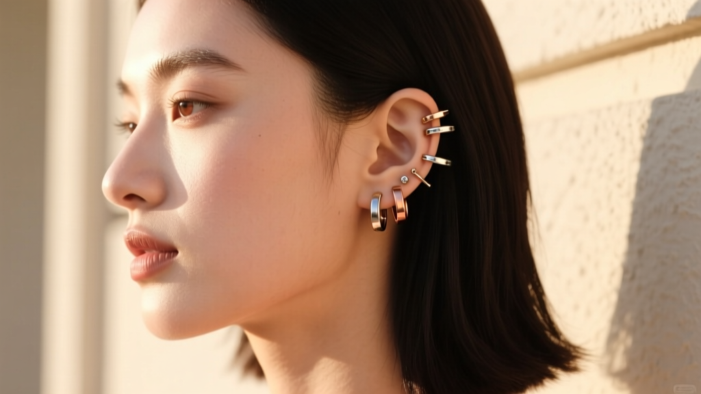 Side profile of a model wearing multiple delicate threadless cartilage earrings in a curated ear stack, warm golden hour lighting