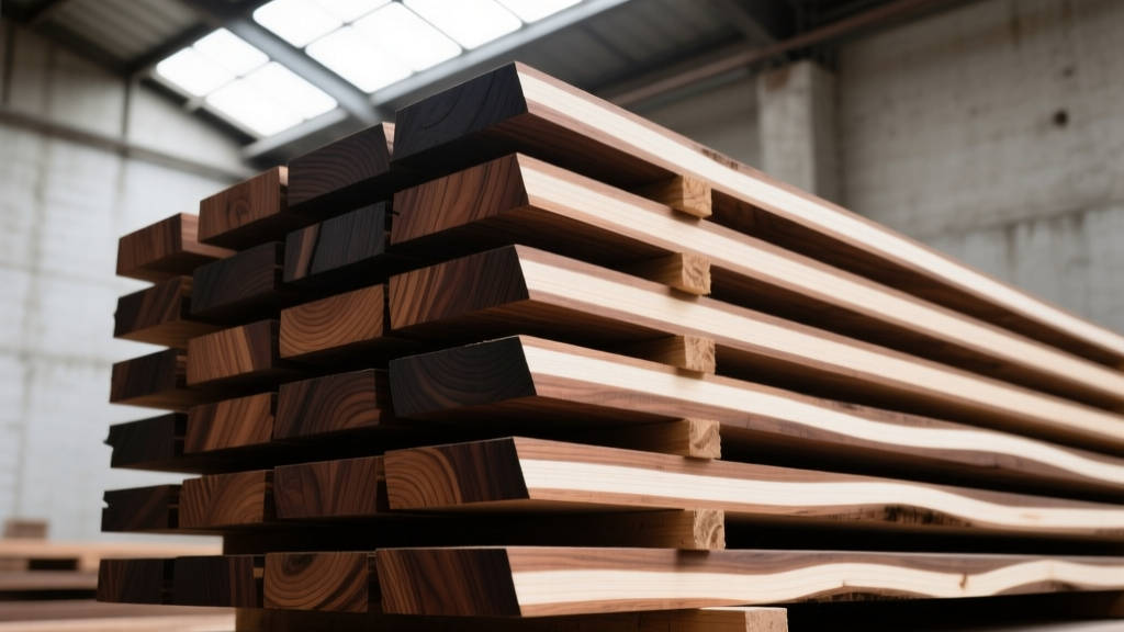 Stacked Black Walnut lumber boards showing stark contrast between dark brown heartwood and pale white sapwood edges in a kiln-dried stack.