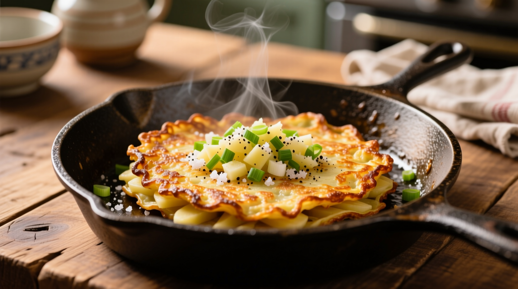 Crispy golden potato pancakes on cast iron skillet