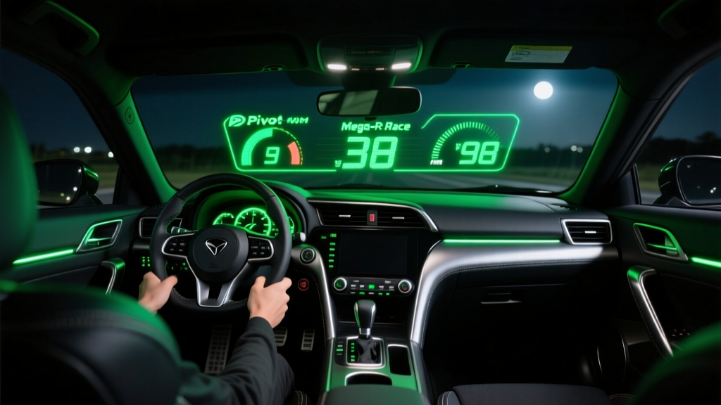 JDM sports car interior at night showing a Pivot Mega-Race HUD projecting green RPM data onto the windshield