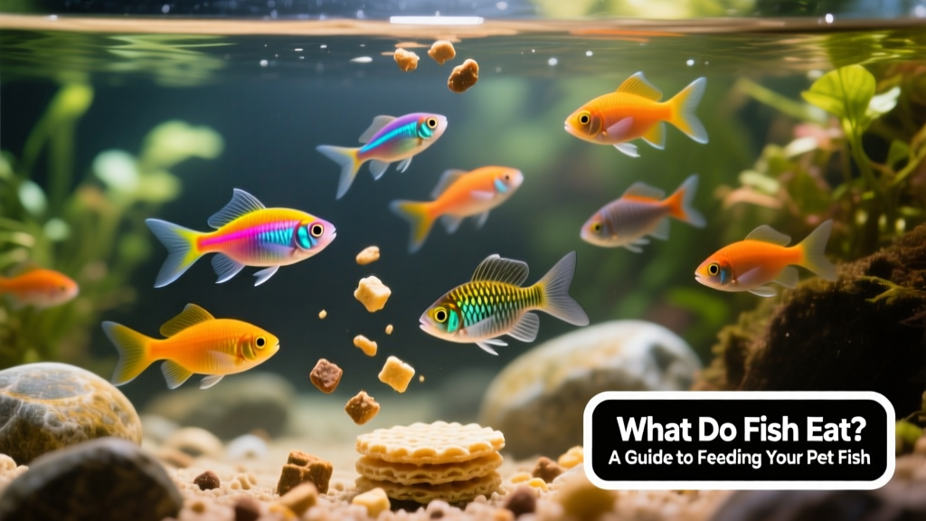 Close-up of a vibrant community aquarium with fish swimming near floating flakes and sinking wafers