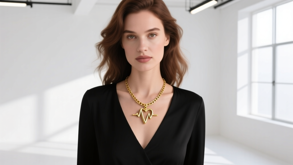 Woman wearing a 14k gold heartbeat necklace on a thin box chain, paired with a V-neck black top in a bright modern studio setting.