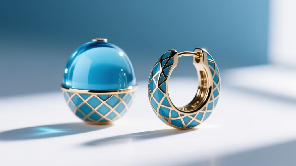 Close-up of vitreous guilloché enamel huggie earrings showing geometric engine-turned patterns under translucent blue glass.