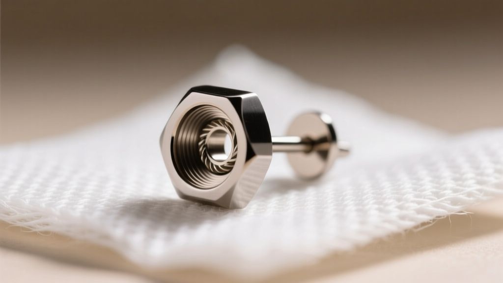 Close-up macro photo of an internally threaded implant-grade titanium flat back earring stud resting on sterile medical gauze, soft lighting.