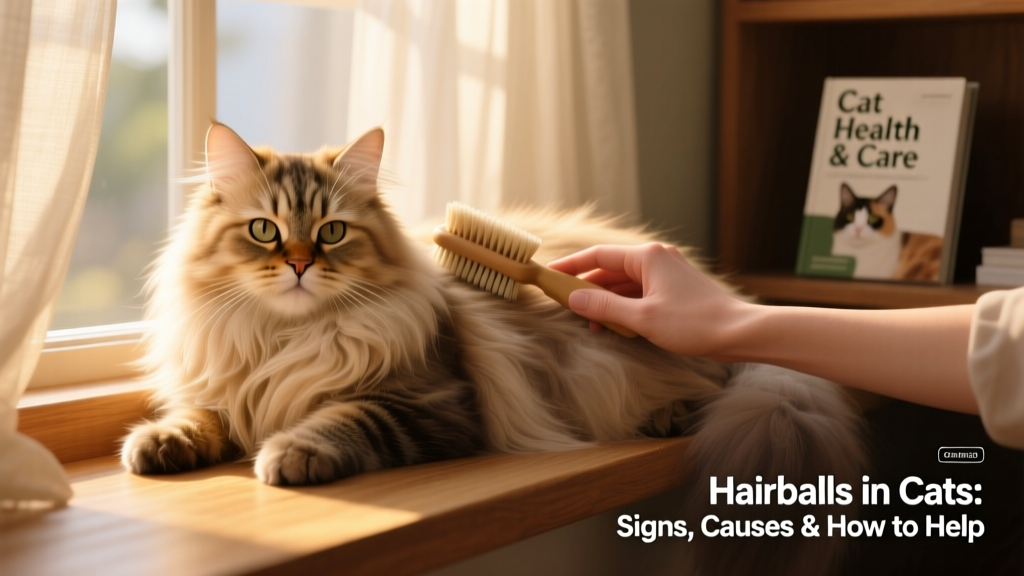 A calm, long-haired cat being gently brushed on a sunlit windowsill