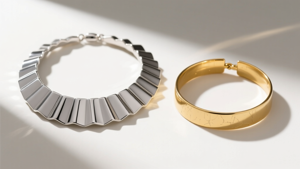 Flat lay of a sterling silver pleated collar necklace next to a brass counterpart, comparing the cool grey and warm yellow tones.