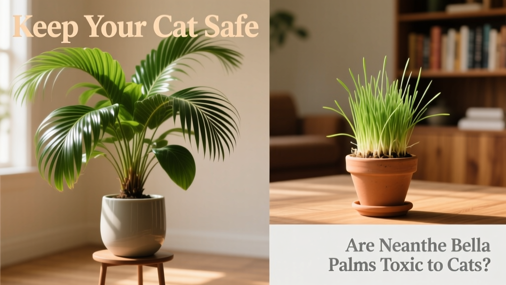 Side-by-side comparison: a thriving Neanthe Bella palm on a tall stand and a small pot of cat grass nearby