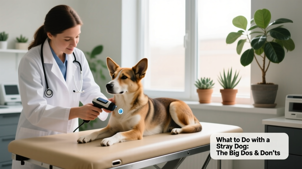 A veterinarian scanning a calm stray dog for a microchip during an exam