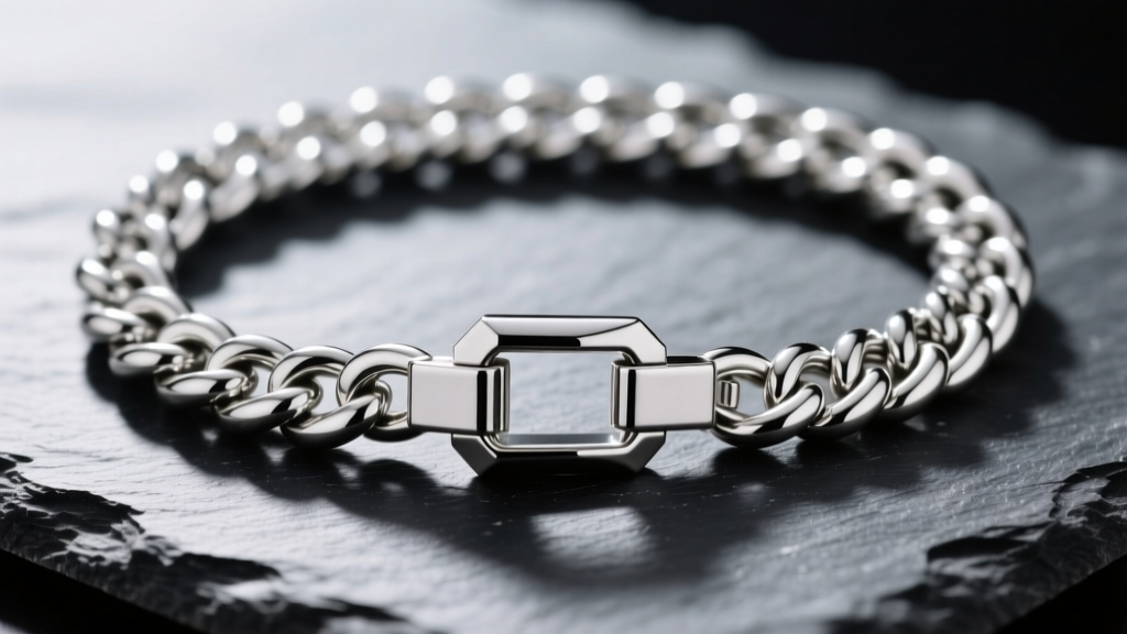 Close-up of a 10mm sterling silver Cuban link chain on dark slate, showing interlocking links and a heavy box clasp.