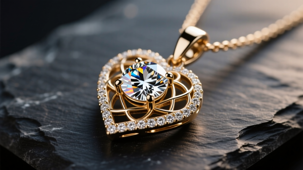 Close-up of a sparkling 14k white gold Kay Unstoppable Love diamond pendant resting on dark slate under soft, warm studio lighting.