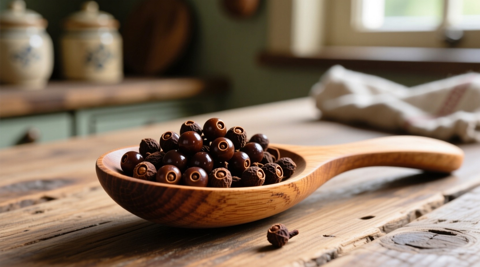 Whole allspice berries in a wooden spoon