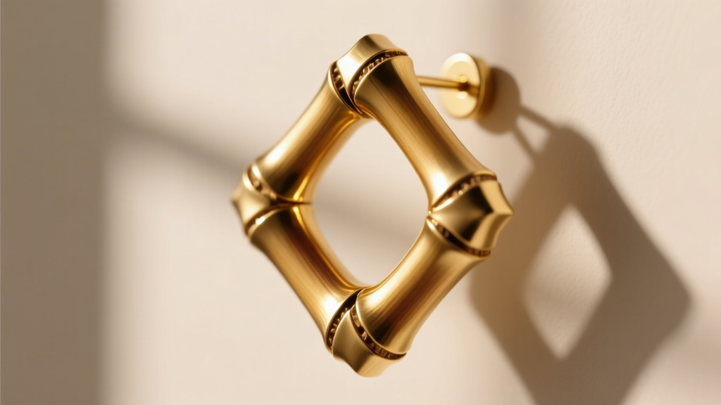 Macro shot of a square bamboo earring corner, showing PVD gold plating on the ribs and exposed brass in the deep crevices