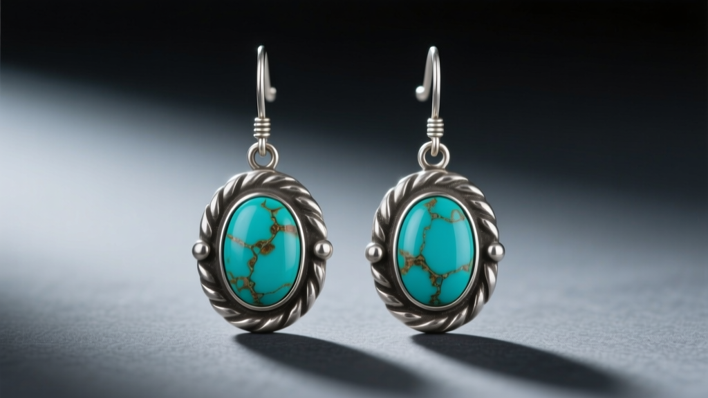 Vintage Sherman oxidized sterling silver drop earrings with oval turquoise cabochons on dark slate under soft directional lighting.