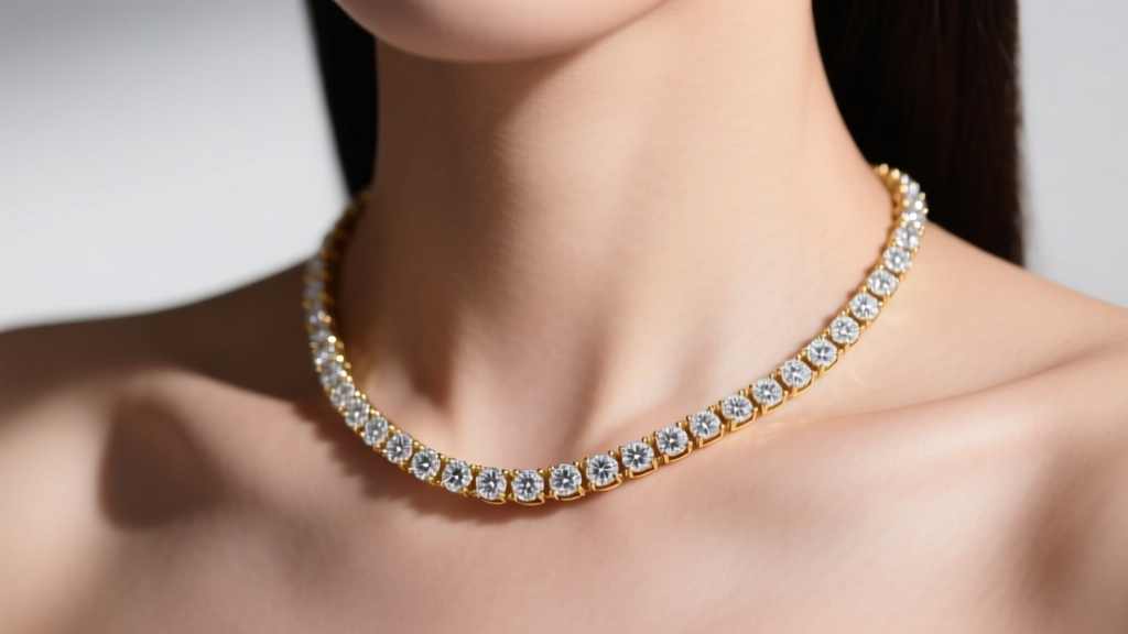 Close-up of a woman wearing a gold plated lab diamond tennis necklace, capturing light reflection on delicate bezel-set stones.