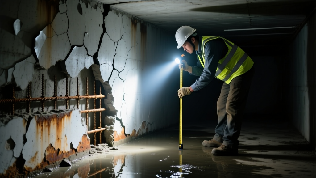 Engineer inspecting spalled concrete foundation wall with exposed rusted rebar in a damp crawl space using a bright flashlight