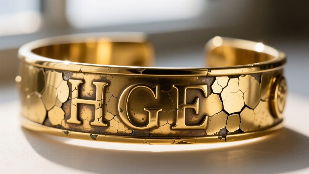 Extreme close-up of a faded HGE letter marking on a worn gold-plated bracelet, highlighting flaking metal and brass underneath.