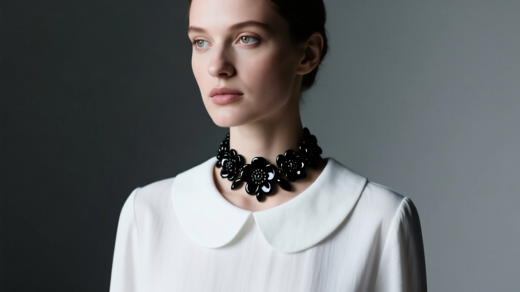 A woman wearing a 16-inch black onyx cameo choker necklace layered over a crisp white Peter Pan collar blouse in moody lighting.