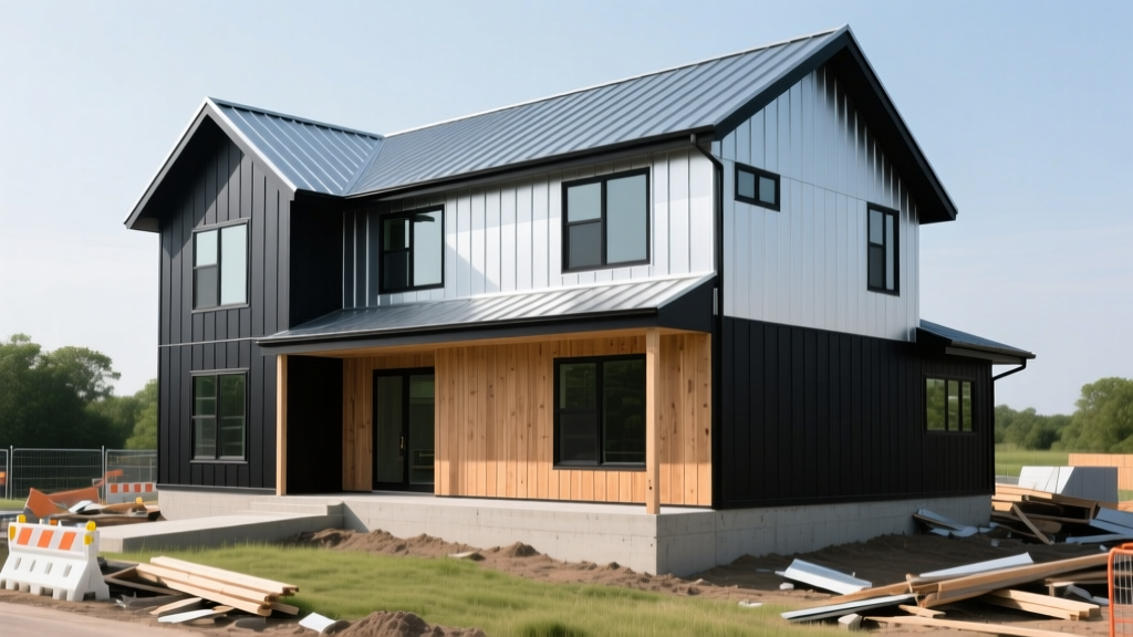 Modern two-story metal building home with standing seam roof, black-framed windows, and board-and-batten siding accents under construction