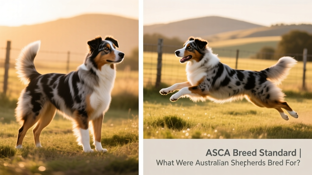 Side-by-side comparison showing correct Australian Shepherd stance and movement per the ASCA breed standard