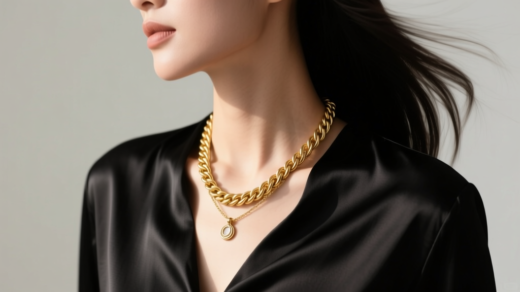 Side profile of a woman wearing a 24-inch gold rope chain with a pendant, showing the swing arc and fit over a dark silk blouse