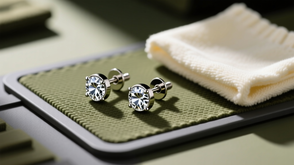 Flat lay of military 6mm diamond stud earrings with screw-backs on a tactical mat next to a soft microfiber polishing cloth.