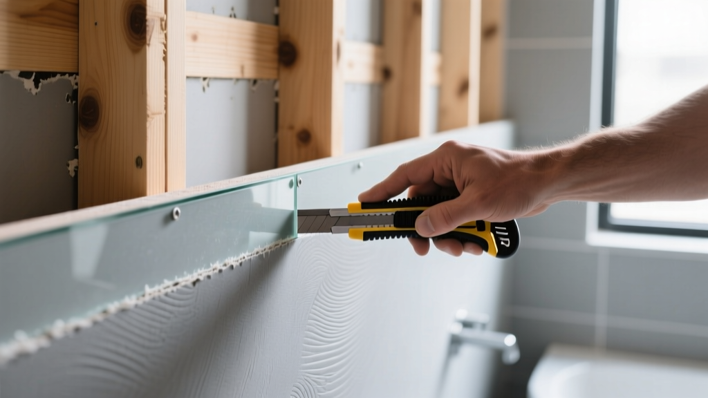 Close-up of a contractor scoring a grey glass-mat gypsum backer board with a utility knife before installing it over wooden wall studs in a bathroom