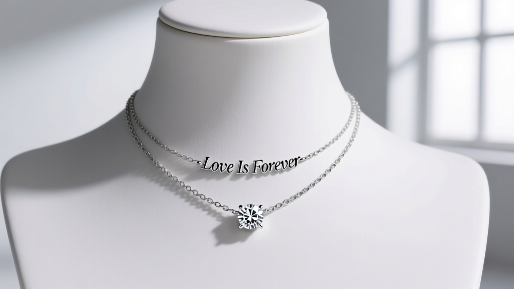 Sterling silver love is forever necklace with lab-grown diamond accent layered with a plain satellite chain on a mannequin neck.