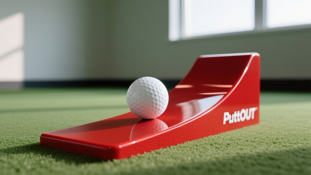 Close-up of a golf ball resting on the red parabolic ramp of a PuttOUT Pressure Putt Trainer on an indoor carpet green