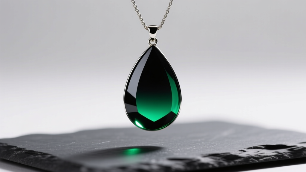 Teardrop mood necklace pendant shifting from black to vibrant green on dark slate under soft directional studio lighting.