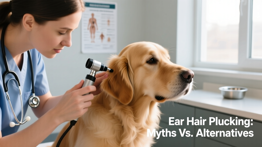 Close-up of a veterinarian gently examining a dog's ear with an otoscope