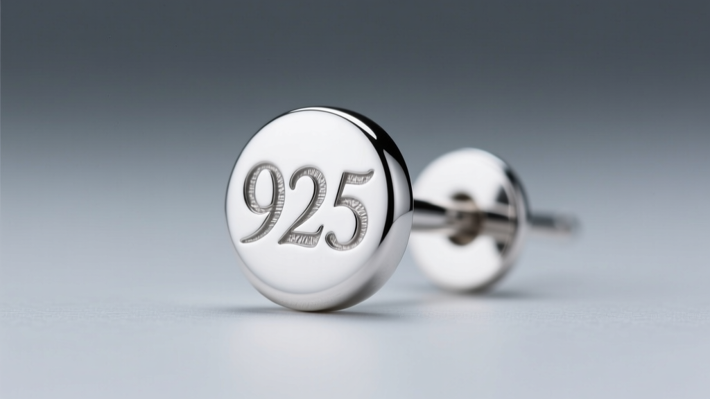 Macro photography of a laser-engraved 925 hallmark on a polished sterling silver earring post, illuminated by cool studio lighting