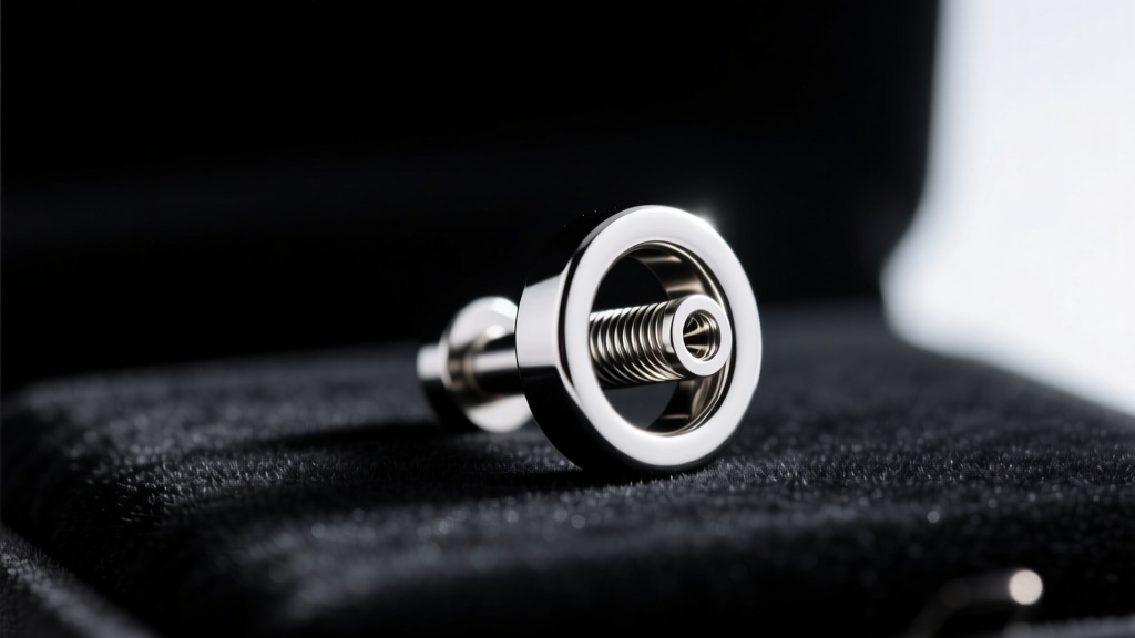 Macro photo of an internally threaded implant-grade titanium daith clicker with a polished finish resting on dark velvet.