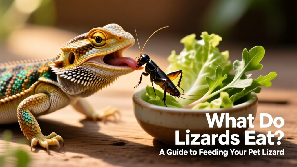 A bearded dragon eating a gut-loaded cricket next to a small bowl of leafy greens