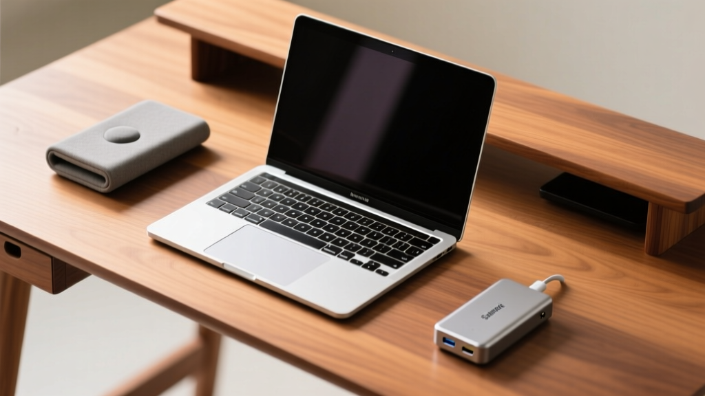 Top-down view of a minimalist Edgar-style wooden micro-desk featuring a silver MacBook Pro, folded Roost stand, and compact Satechi dock
