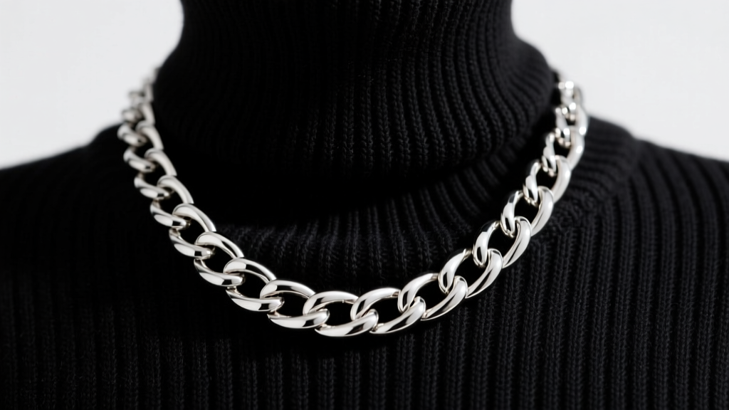 Close-up of heavy sterling silver Cuban link necklace resting on black ribbed merino wool high-collar sweater, studio lighting.