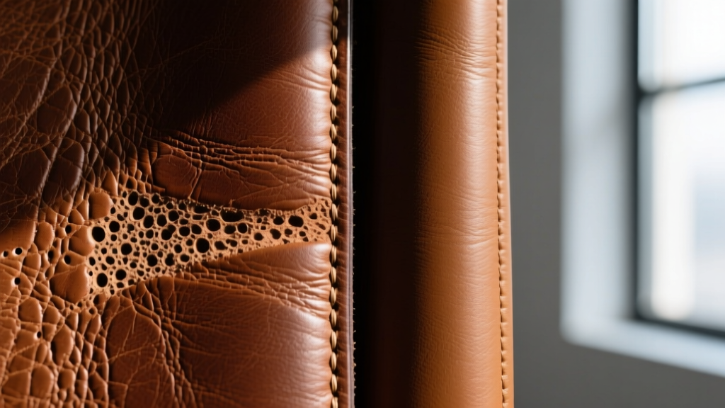 Macro photography comparing full-grain brown leather texture with visible pores against smooth, coated genuine split leather
