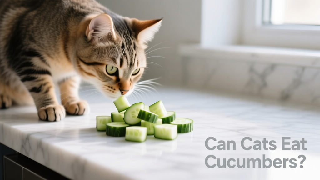 A curious cat gently sniffing or batting at small, diced cucumber pieces on a clean surface