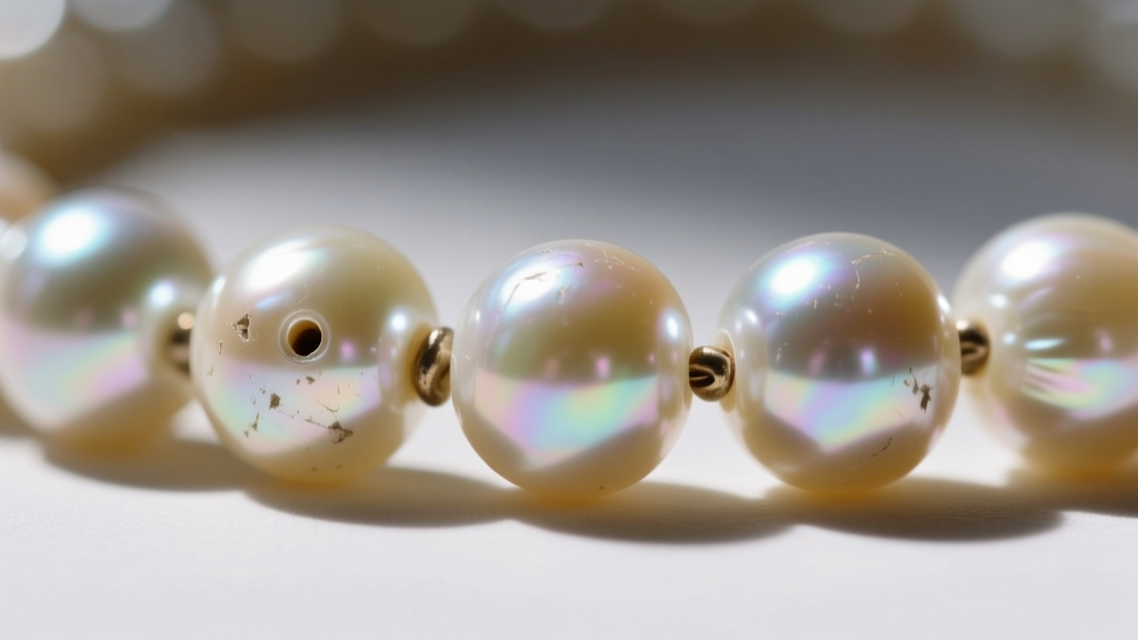 Close-up of vintage simulated pearl strand showing minor coating wear near drill holes, revealing the glass bead core underneath