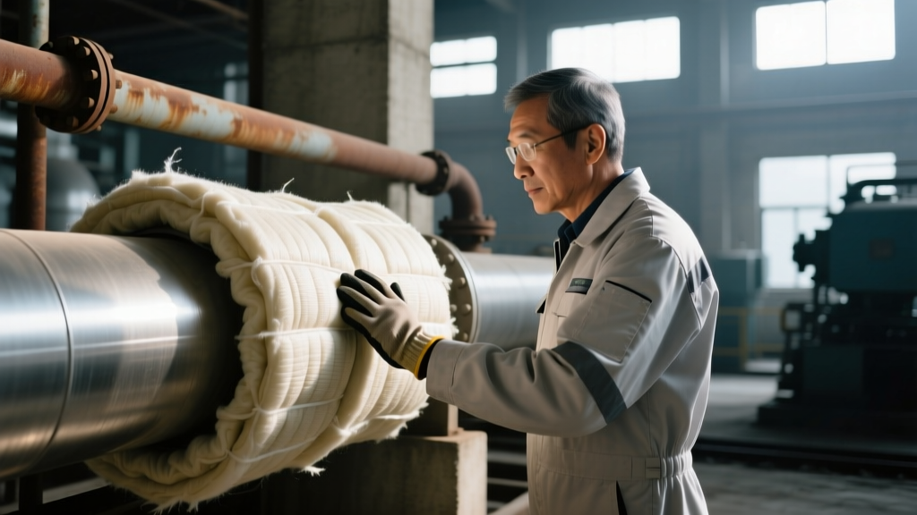 Industrial engineer inspecting thick ceramic fiber blanket insulation wrapped around a high-heat stainless steel steam pipe in a power plant