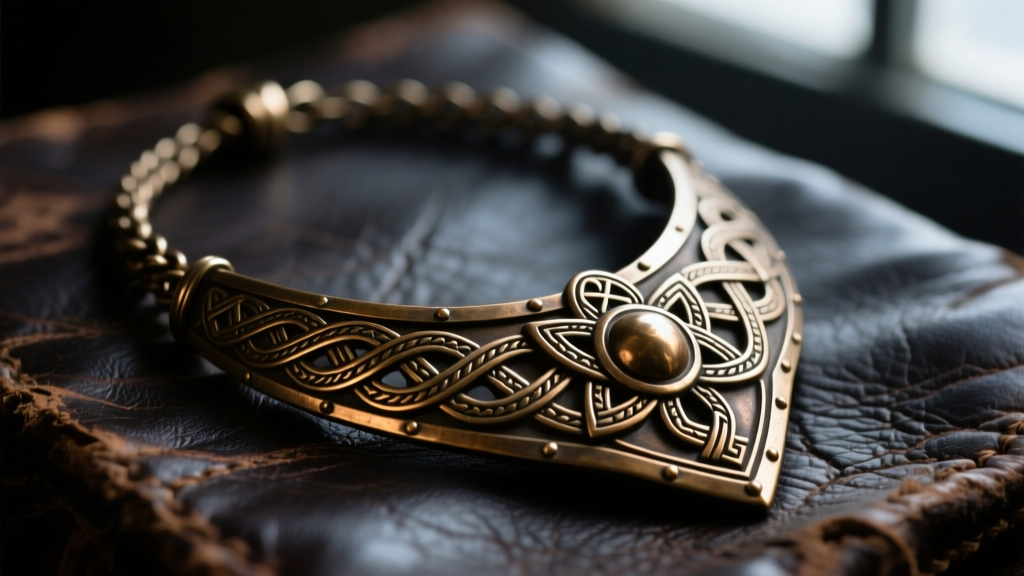 Close-up of a heavy bronze shield maiden necklace with intricate Norse knotwork resting on dark weathered leather, moody lighting.
